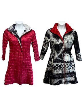 UBU Reversible Quilted Puffer Coat XS Red Black White Art Print Hooded Jacket